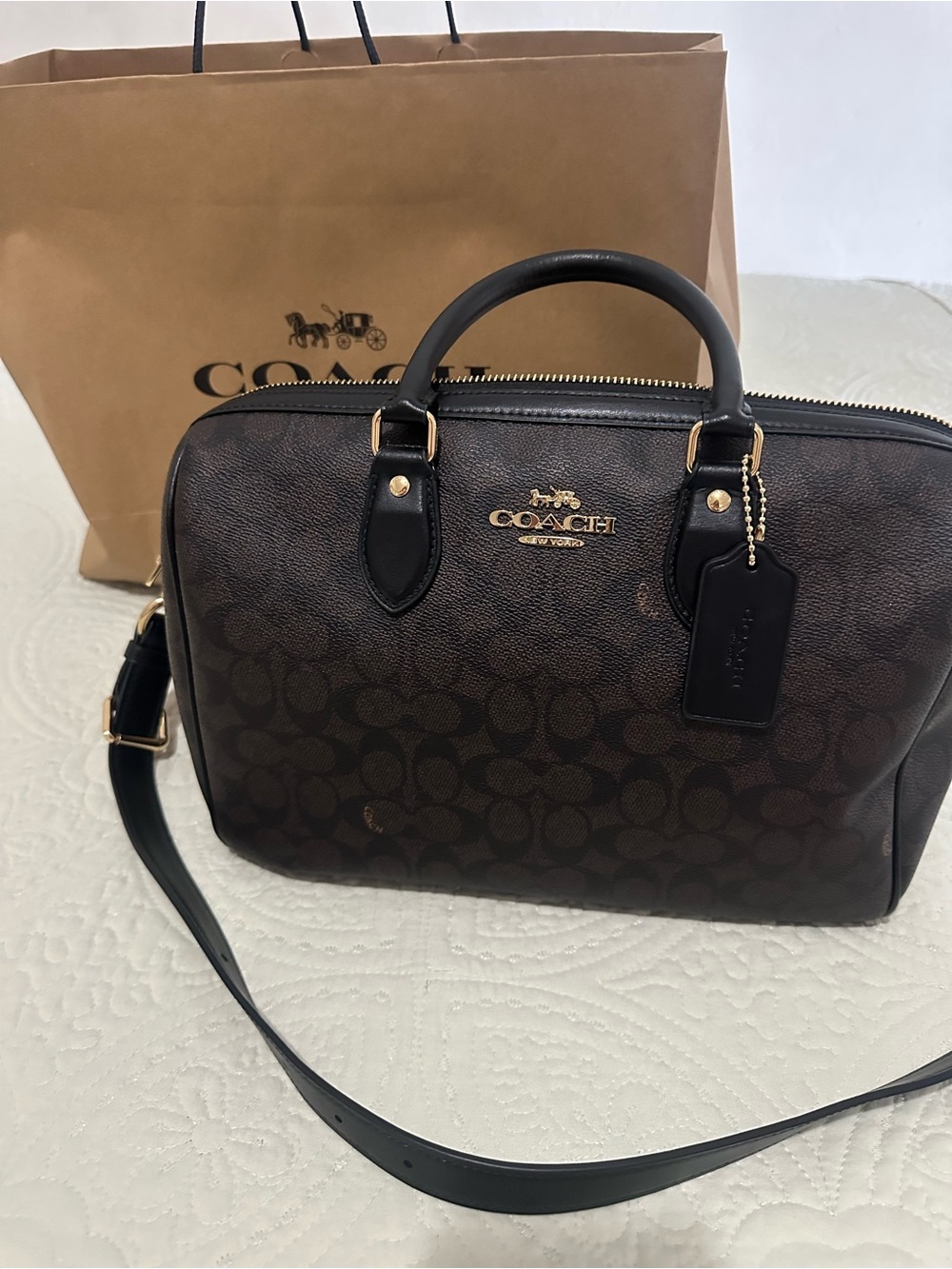 Coach Brown Signature Canvas Messenger Bag with Black Trim